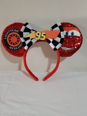 Generic Unbranded Red Lightning McQueen Sequin Ear Headband with Checkered Bow